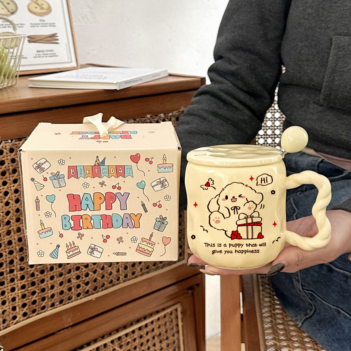 可爱线条小狗水杯高颜值陶瓷马克杯带盖勺生日礼物送女生伴手礼品