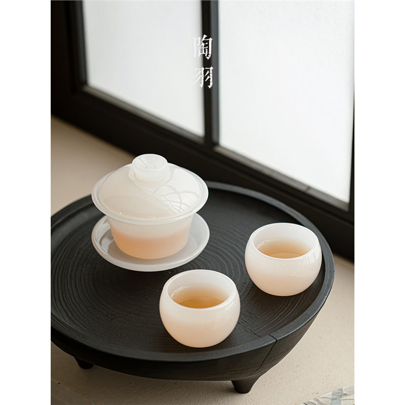 琉璃三才盖碗茶杯单个防烫手玻璃茶具泡茶碗白玉瓷盖碗茶高端带盖