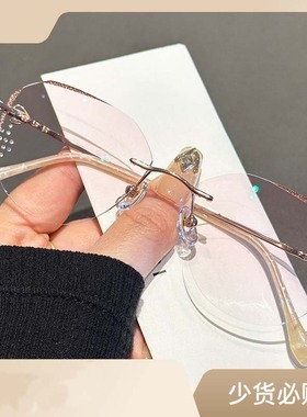 超轻纯钛无框近视眼镜框女防蓝光素颜显瘦钻石切边平光镜69063-C
