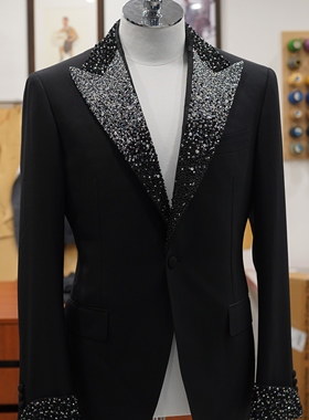 【MTM半定制】塔士多黑色戗驳领全羊毛重工镶钻婚礼晚宴礼服套装