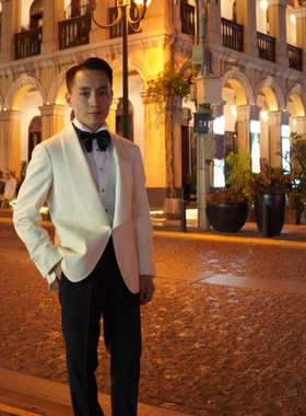 【MTM半定制】美式塔士多白色青果领羊毛四季婚礼晚宴礼服套装