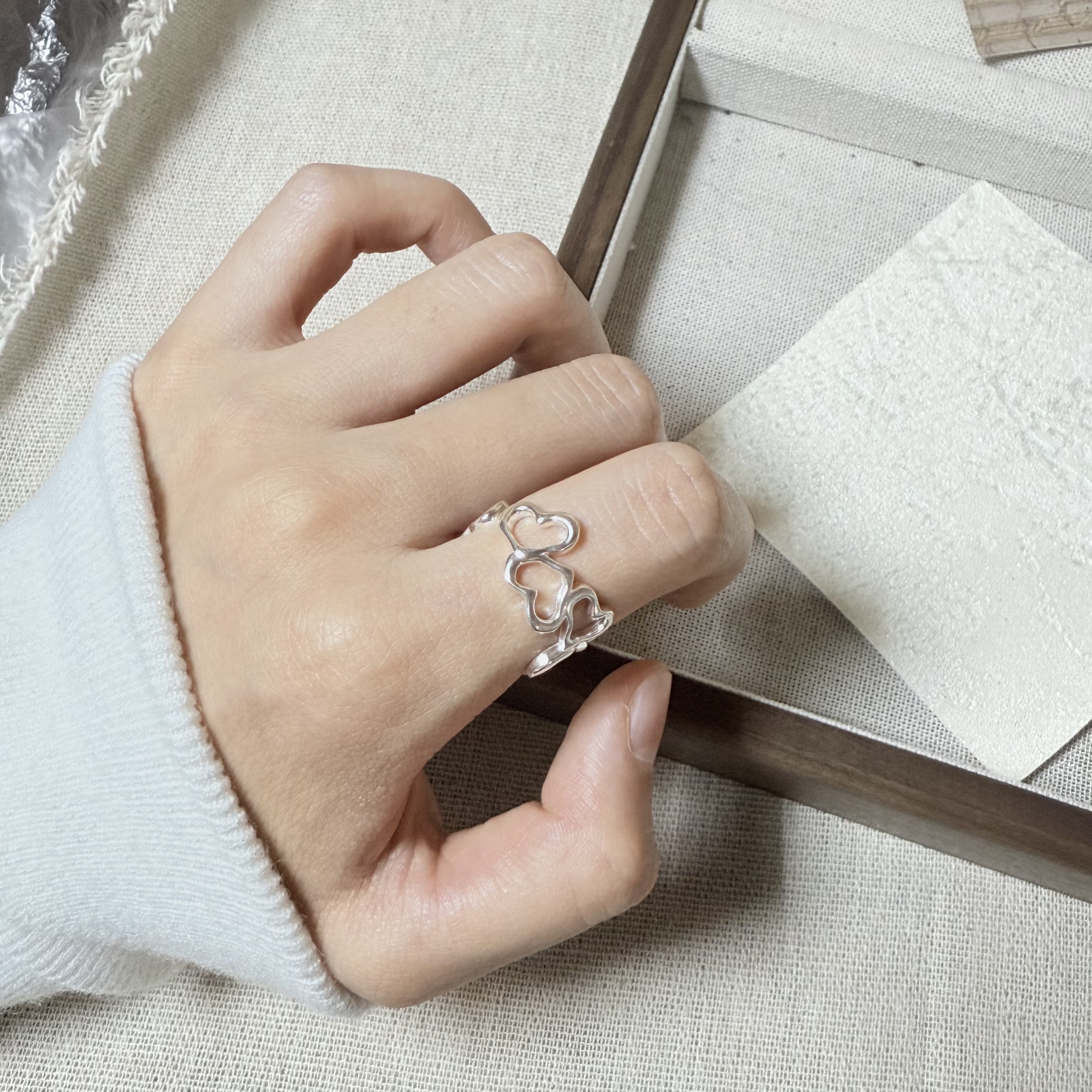 足银999心心相印心形镂空戒指女可调节开口食指戒冷淡风百搭戒指