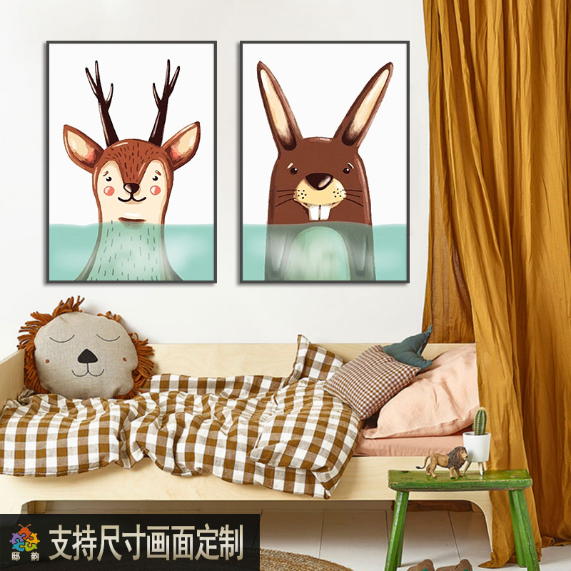 儿童房卡通二联装饰画现代简约两幅墙面壁画男孩房间床头竖版挂画图片