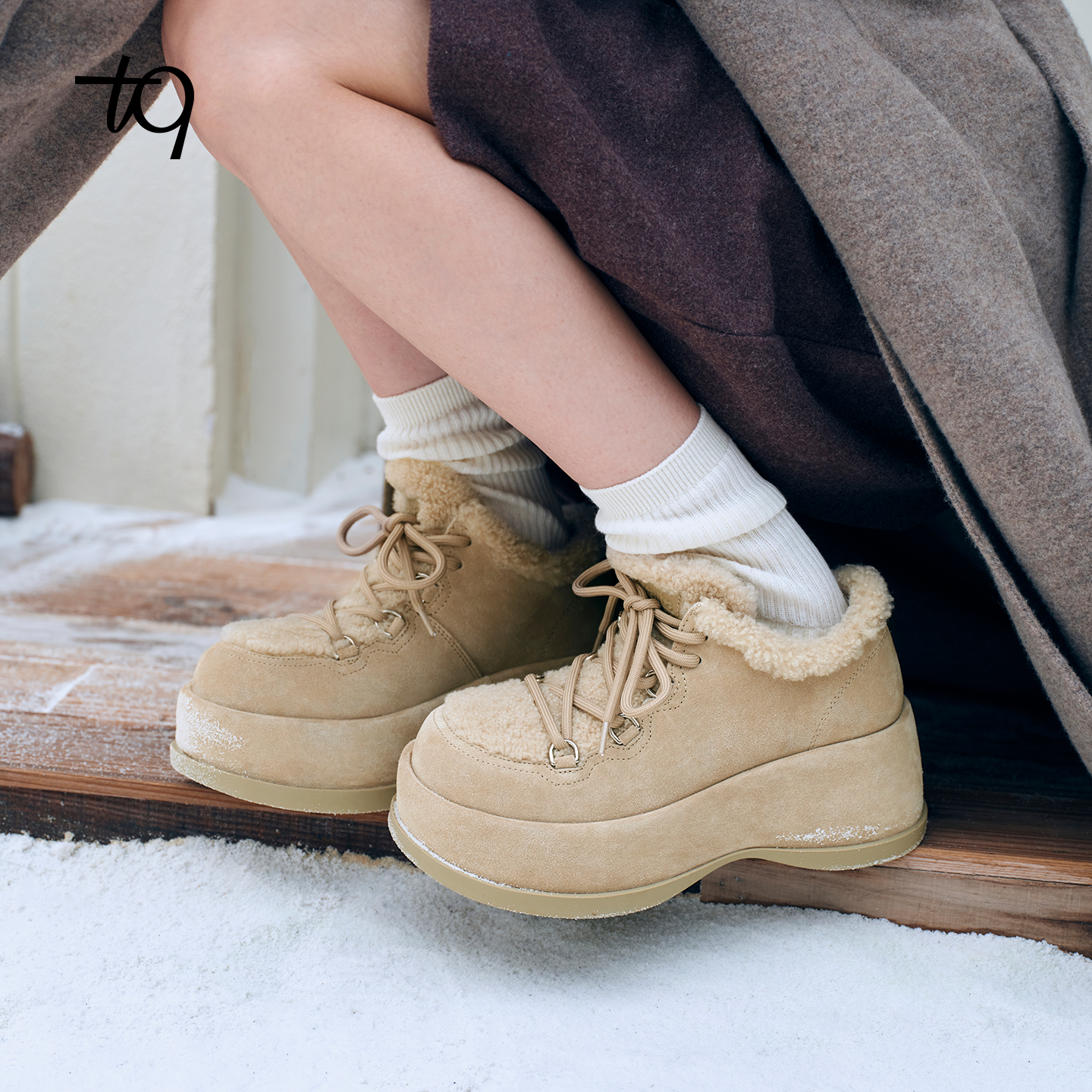 Talitaqoom2025冬季新款暖棕毛绒厚底松糕鞋加绒保暖复古休闲鞋女
