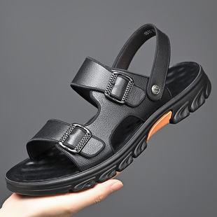 男2025夏季 真皮沙滩鞋 新款 防滑厚底外穿凉拖鞋 男士 头层牛皮凉鞋