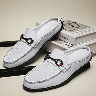 跨境大码 速卖通新款 豆豆鞋 压花金属扣休闲半拖一脚蹬皮鞋 时尚