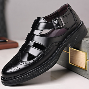 休闲时尚 皮鞋 洞洞鞋 镂空防滑透气男士 布洛克百搭凉鞋 春夏新款