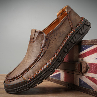 手工缝制乐福鞋 2025跨境大码 复古懒人开车鞋 子男休闲皮鞋 男鞋