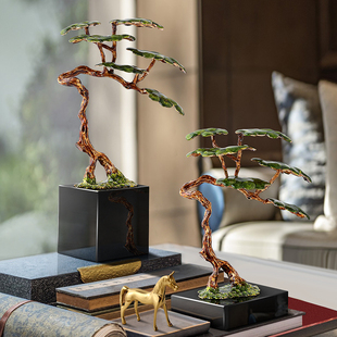 新中式迎客松树摆件客厅办公室玄关博古架禅意轻奢人造水晶装饰品