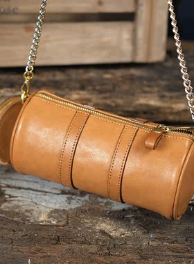 小众设计真皮手工皮具休闲复古女包包斜挎单肩手拿新款链条圆筒包