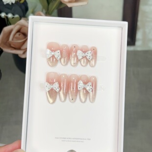 Milia纯手工穿戴甲金色追光猫眼白色蝴蝶结温柔腮红色显白夏日