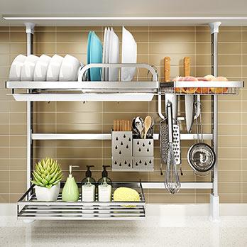 可伸缩厨房置物架不锈钢顶天立地碗碟架沥水架晾碗架收纳架免打孔