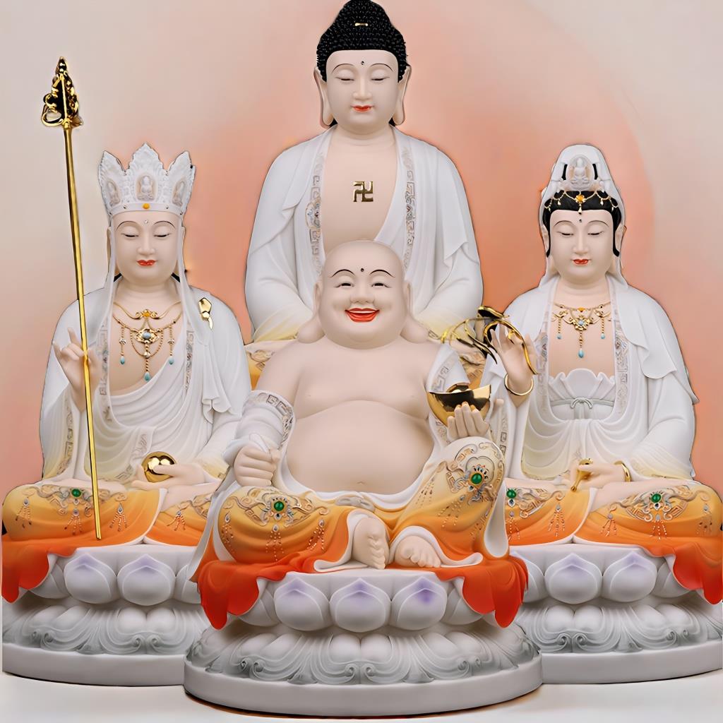 汉白玉娑婆三圣坐莲观音菩萨像释迦摩尼地藏王弥勒佛佛堂供奉摆件