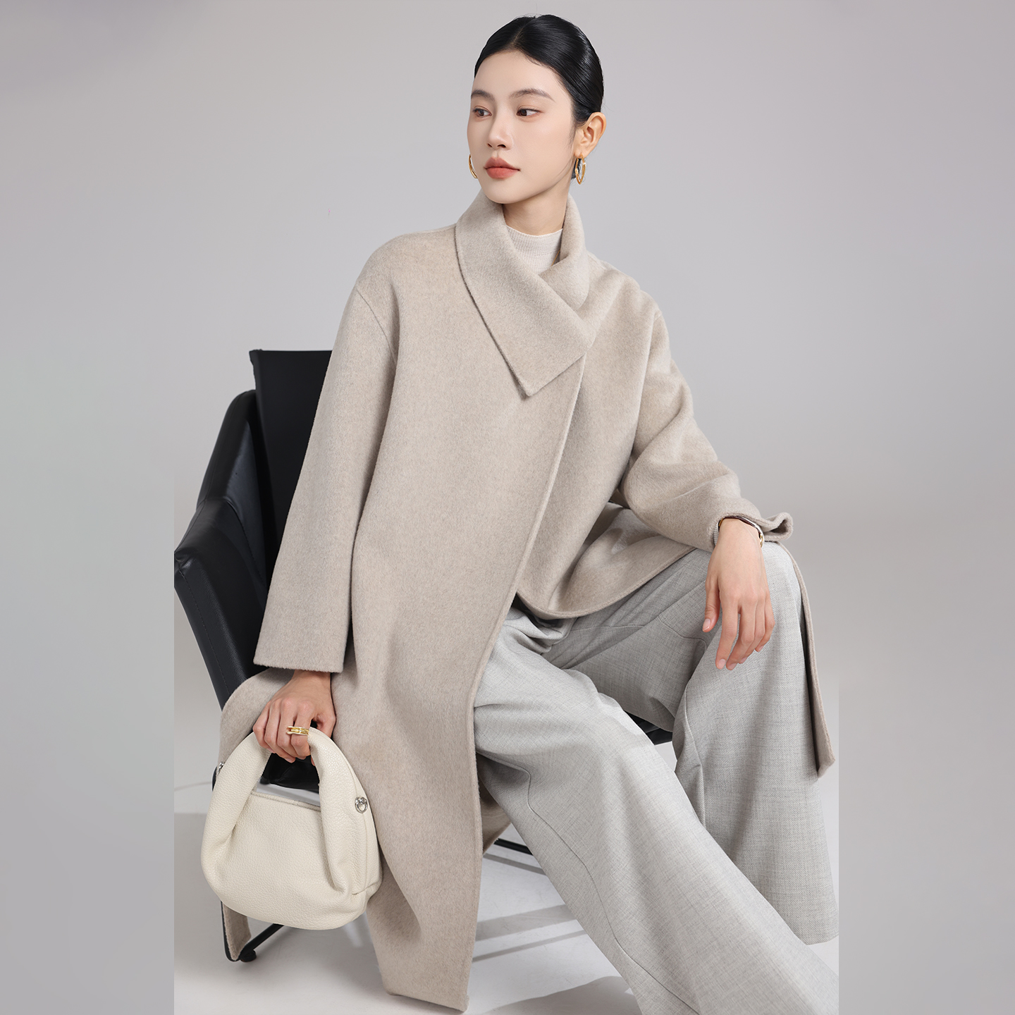 女士羊毛大衣花苞领简约百搭