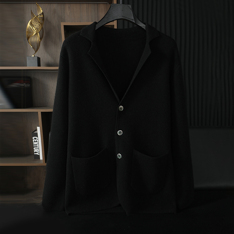 秋冬季新款男士西装领羊绒衫时尚休闲保暖舒适加厚宽松针织外套