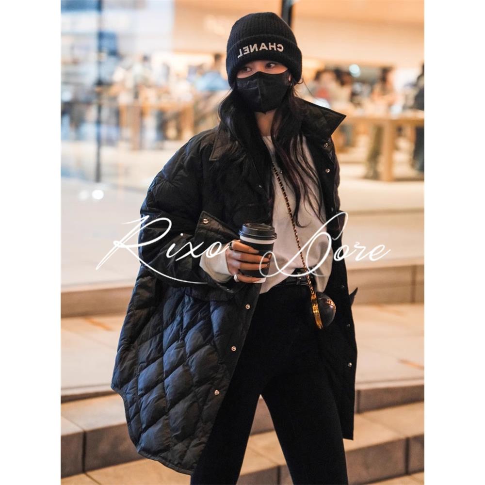 RIXO DORE法式羽绒服中长款女冬季宽松衬衫式菱格白鸭绒时尚外套