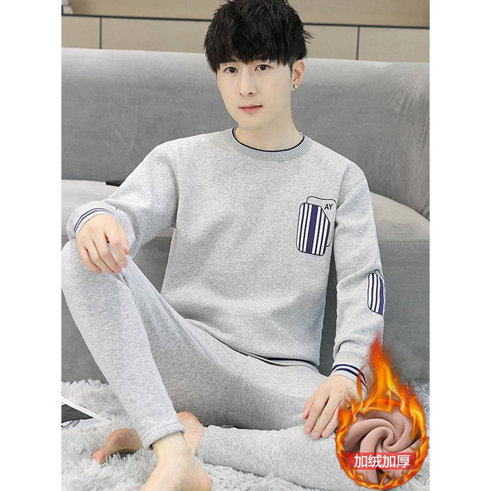 防寒加绒加厚保暖内衣男套装青少年纯棉线衣线裤秋冬季秋衣裤秋裤