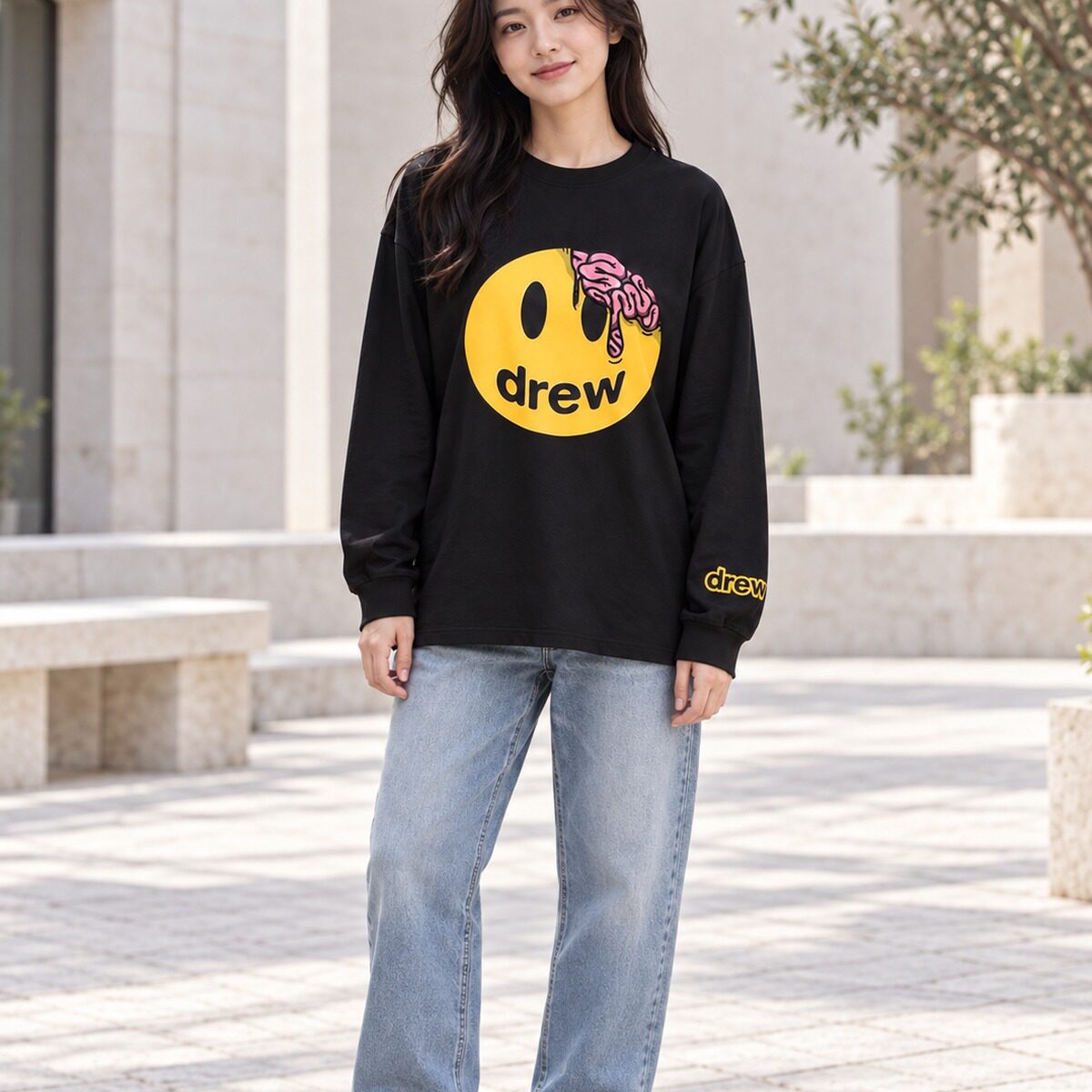 drew笑脸纯棉长袖T恤衫上衣ins情侣百搭潮牌男女同款高街宽松圆领