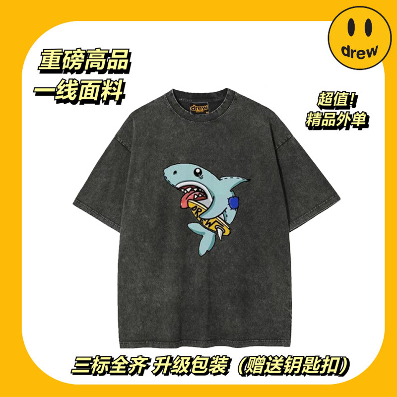 笑脸做旧鲨鱼水洗情侣纯棉短袖男女美式百搭潮牌T恤宽松春夏半袖T