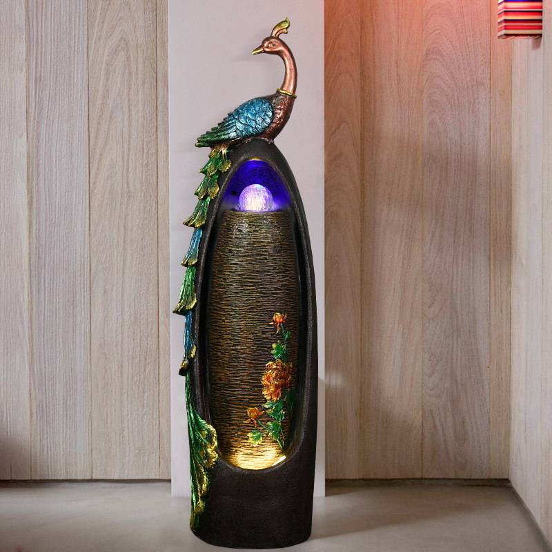 欧式流水喷泉客厅加湿器家居装饰品孔雀创意中式风水招财落地摆件