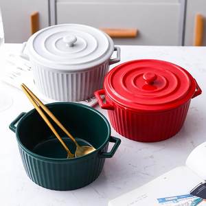 北欧双耳汤锅家用个性单个泡面碗创意大号汤盆勺日式陶瓷餐具套装