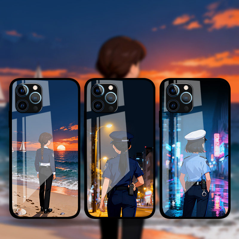 适用iPhone17ProMax女警卡通背影手机壳民警苹果16e15plus13Mini12p14p8警校生XS钢化玻璃