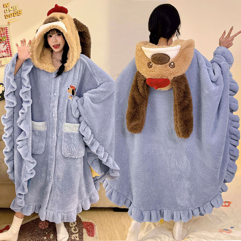 卡通睡衣女童珊瑚绒睡袍秋冬季保暖厚女孩学生亲子连帽家居服浴巾