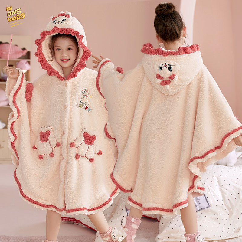 斗篷披风儿童睡袍女童睡衣冬季保暖珊瑚绒卡通女孩亲子连帽家居服