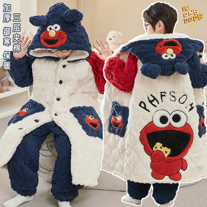 卡通儿童睡衣男童三层夹棉冬季保暖厚珊瑚男孩家居服亲子睡袍套装