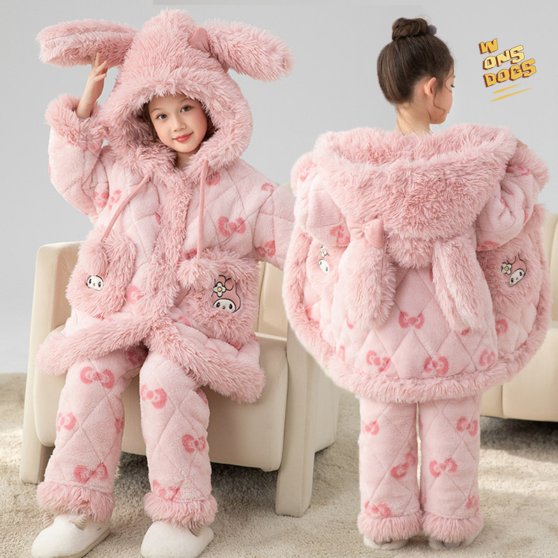 美乐蒂三层夹棉儿童睡衣女童冬季厚女孩珊瑚法兰绒亲子家居服套装