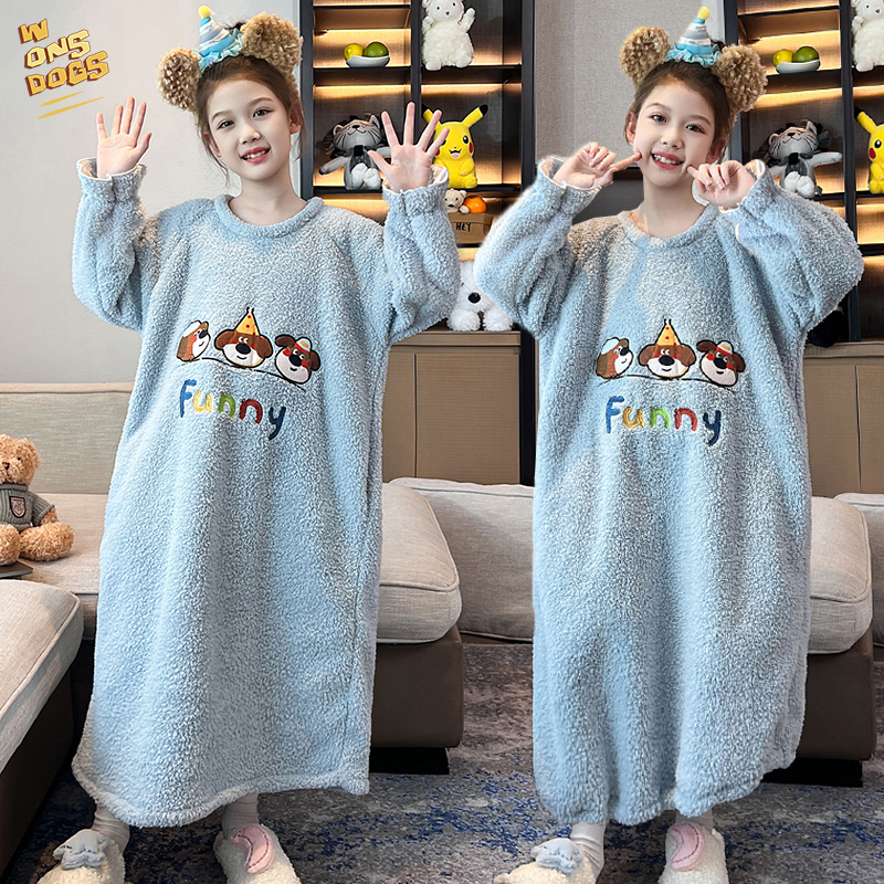 卡通半边绒儿童睡裙女童秋冬保暖珊瑚绒女孩中大童亲子家居服睡衣