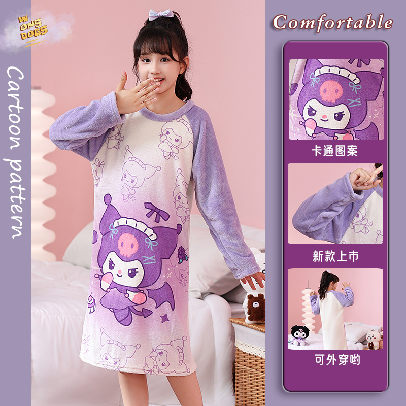 卡通儿童睡裙女童秋冬季长袖保暖法兰绒女孩宝宝中大童家居服睡衣