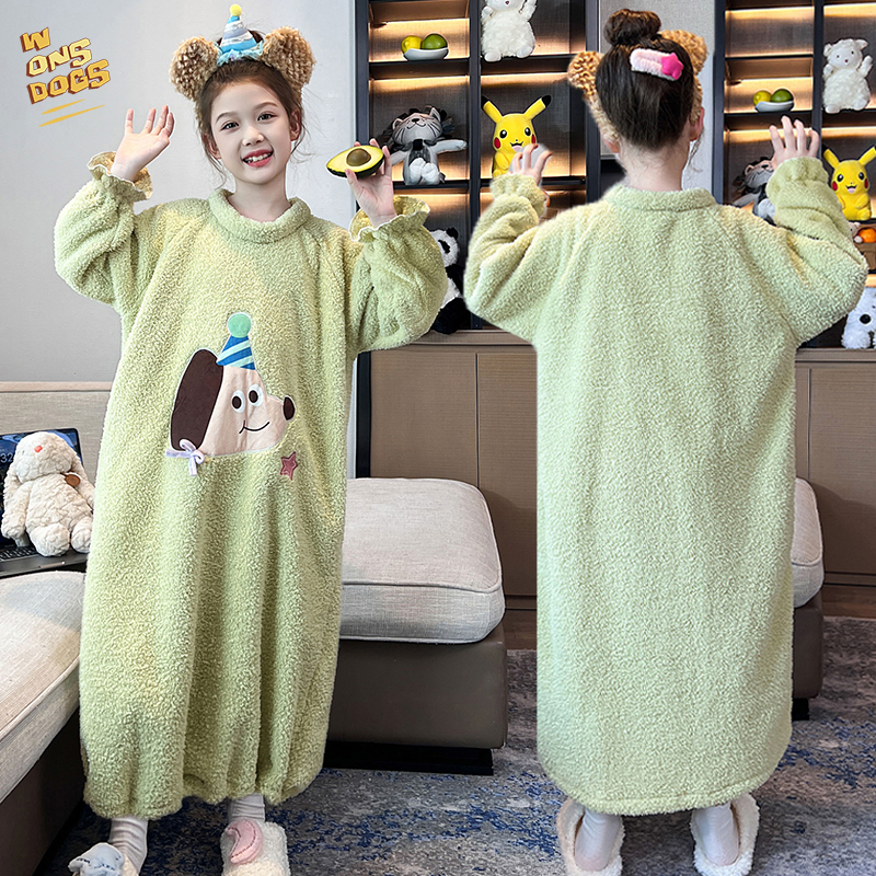 卡通儿童睡衣女童半边绒睡裙秋冬保暖珊瑚绒女孩中大童宽松家居服
