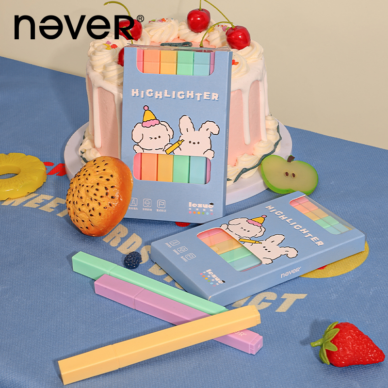 never荧光笔软头标记笔小学生划重点斜头手账笔盐系不晕染水性彩色记号笔高颜值