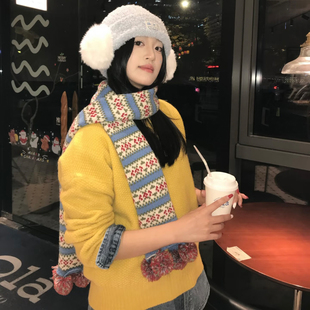 复古费尔岛蓝色毛球提花针织围巾女冬季氛围感毛球保暖防寒围脖潮