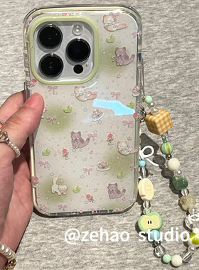 可爱ins晕染绿色青苹果猫咪链条手机壳适用苹果16promax新款双层15pro全包14promax保护套14/13防摔16女款