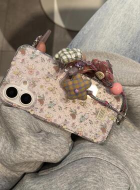 闪粉碎花兔子紫色适用苹果16pro双层iphone15少女心碎花兔子14支架13手链可爱手机壳 · 双层花朵挂绳手链