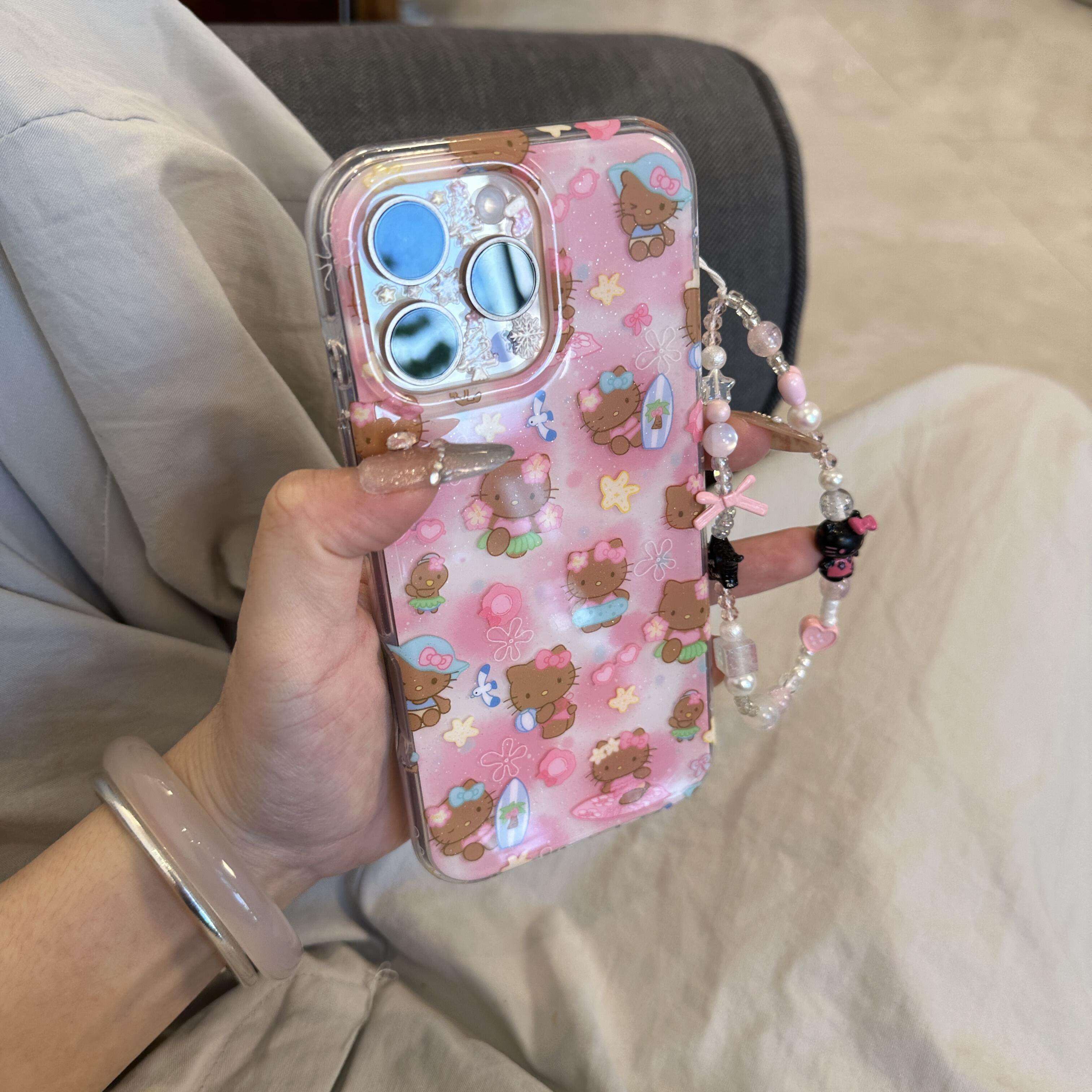可爱粉晕染夏威夷舞黑皮KT猫链条手机壳适用苹果16promax新