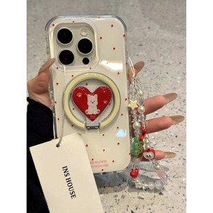 6.7寸 苹果14promax 单壳 韩系唯美米白底红波点支架圣诞树适用iphone16promax苹果15手机壳