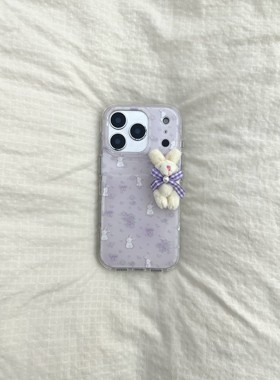 网红款紫色玫瑰花兔子立体毛绒公仔适用于iphone17promax苹果14手机壳15新款16pro女13少女心17pm硅胶