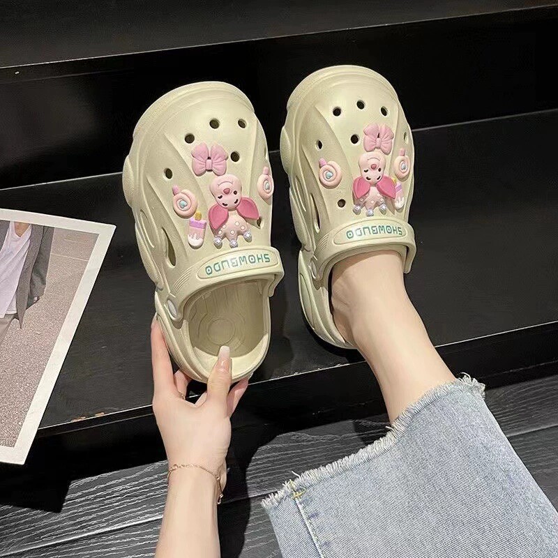 新款diy卡通洞洞鞋女夏厚底两包头拖