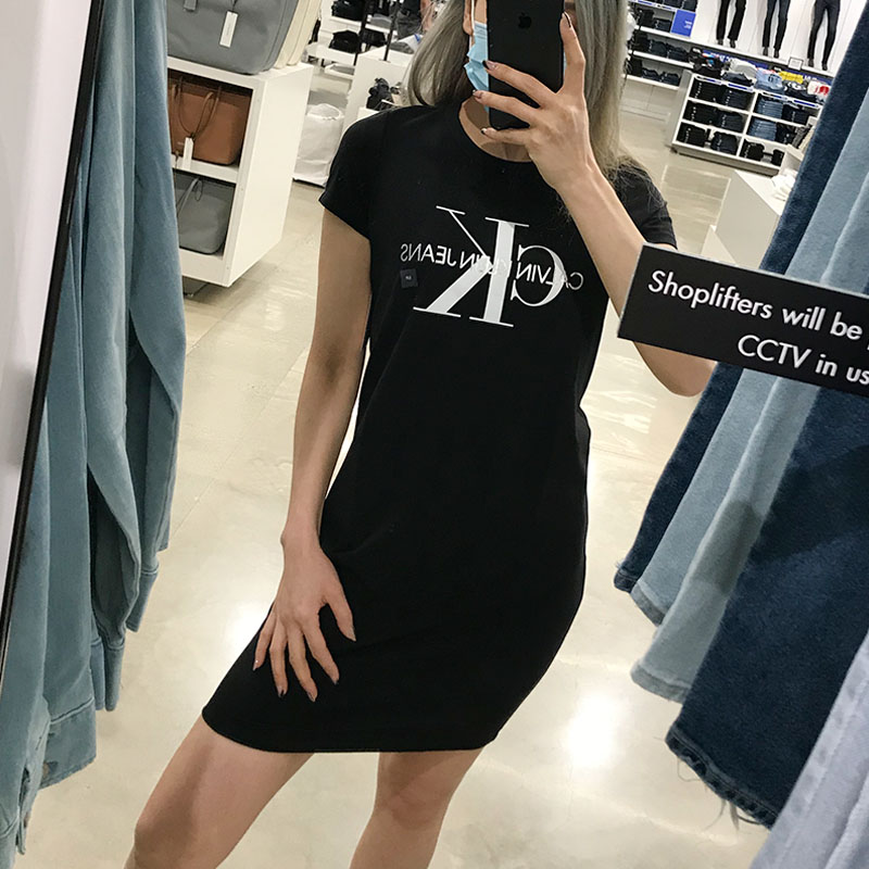 Calvin Klein CK女士夏季新款莫代尔棉Logo印花圆领短袖T恤连衣裙