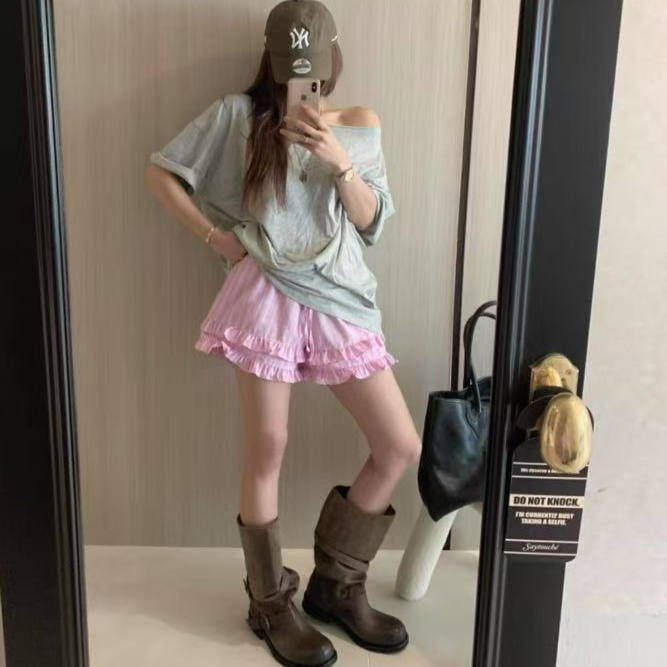 现货、韩国virkin休闲裤竖条纹荷叶边甜美ins风百搭松紧腰短裤女