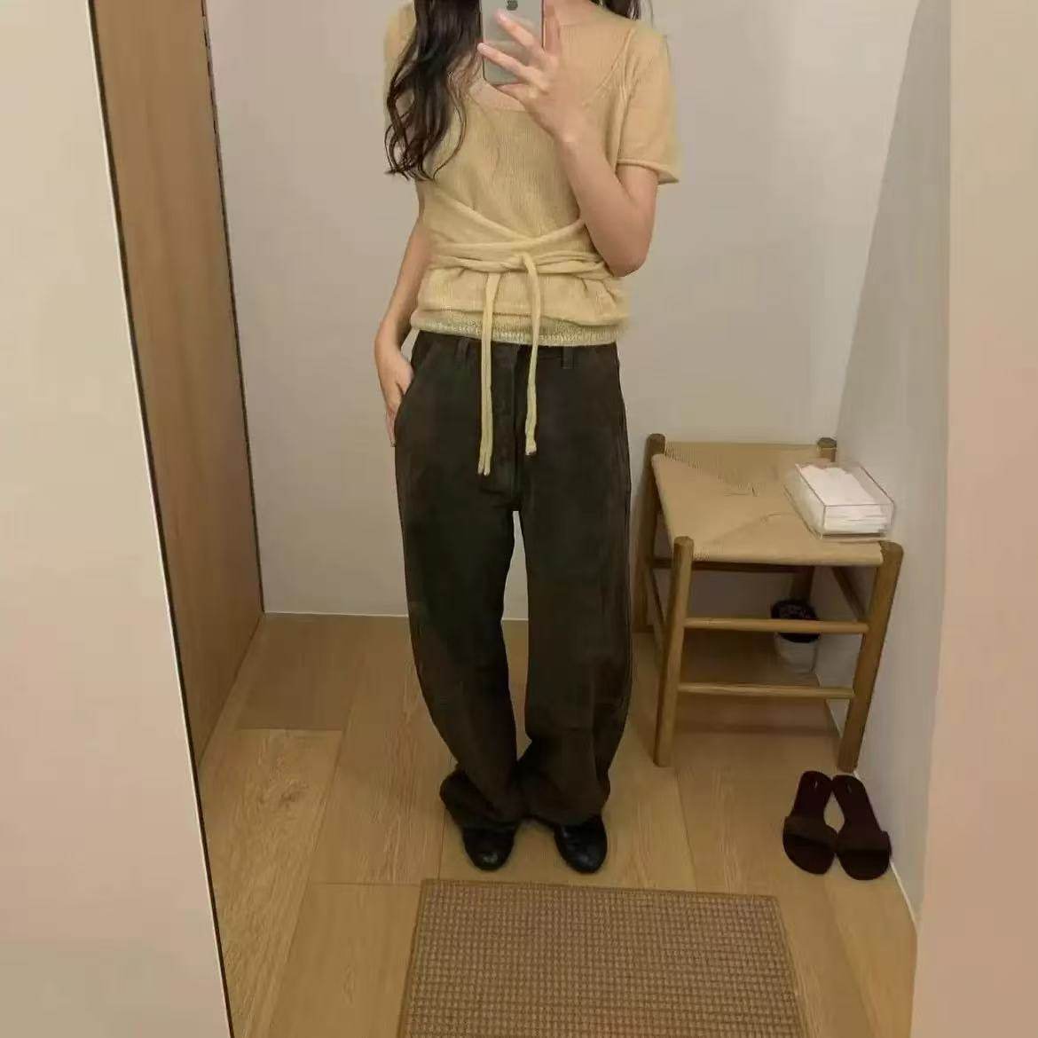 韩国monoha针织短袖吊带两件套简约百搭宽松小众设计圆领上衣女