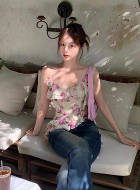 现货～韩国代购seooocookie荷叶边吊带上衣甜美玫瑰印花雪纺衫女