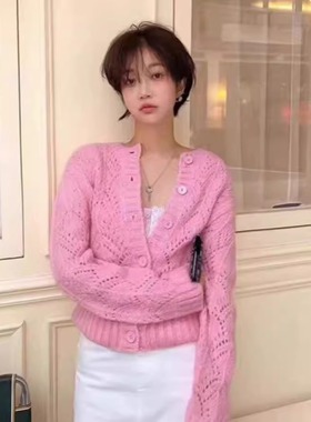 现货～韩国代购deventi镂空针织开衫气质温柔风纯色短款毛衣外套