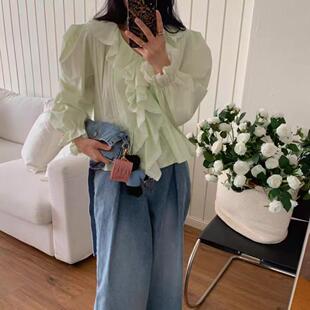 韩国by flow荷叶边褶皱长袖衬衫法式甜美减龄V领喇叭袖宽松衬衣女