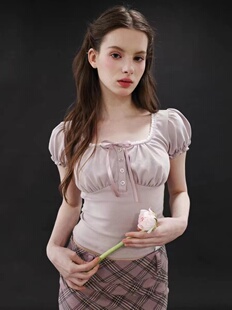 韩国代购dryrose泡泡袖短上衣甜美少女蕾丝花边蝴蝶结方领修身T恤