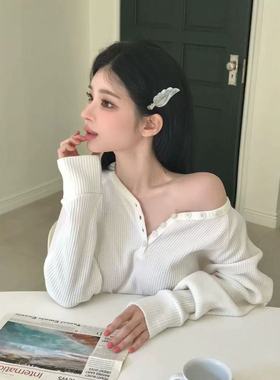 现货～韩国thetis华夫格针织衫宽松ins风温柔休闲亨利领长袖毛衣