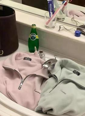 韩国代购modest mood字母刺绣卫衣减龄小清新半拉链套头长袖上衣